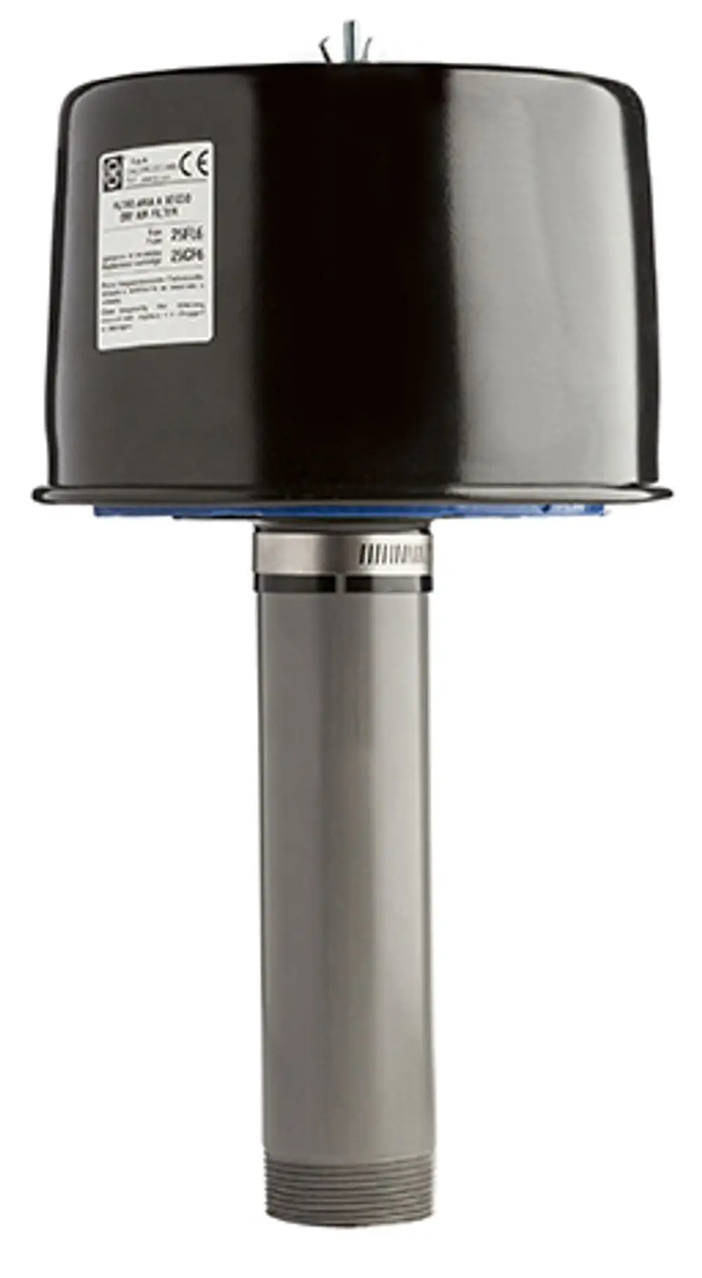 Ansaugfilter von Grünbeck mit schwarzem Gehäuse und silbernem Rohr. Das Produkt ist für die Verwendung mit einem Gebläse konzipiert.
